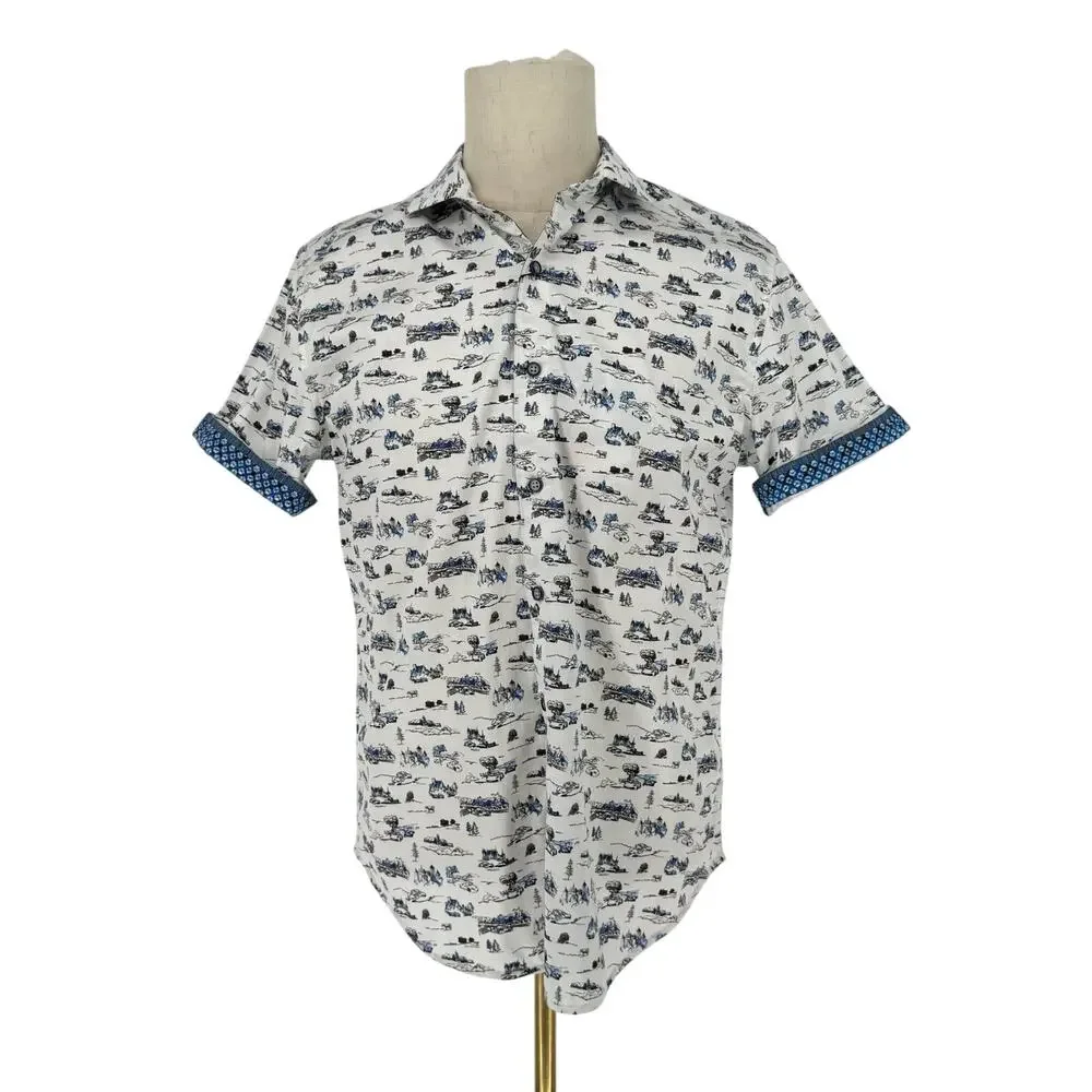 Robert Graham Button Front Short Sleeve Shirt THROTTLE Classic Car  Print M